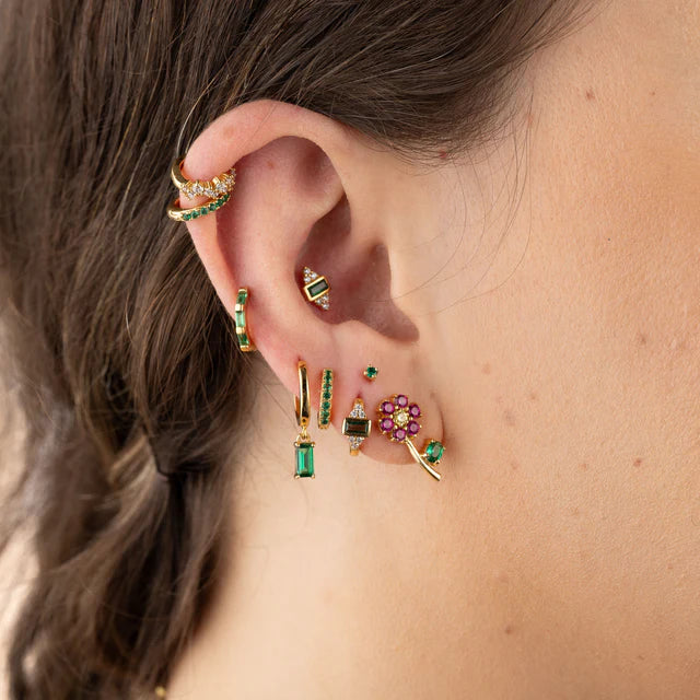 Gold Huggie Earrings with Green Stones