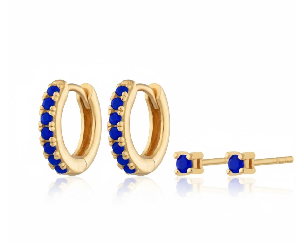 Huggie Earrings with Blue Stones &amp; Tiny Stud Earrings