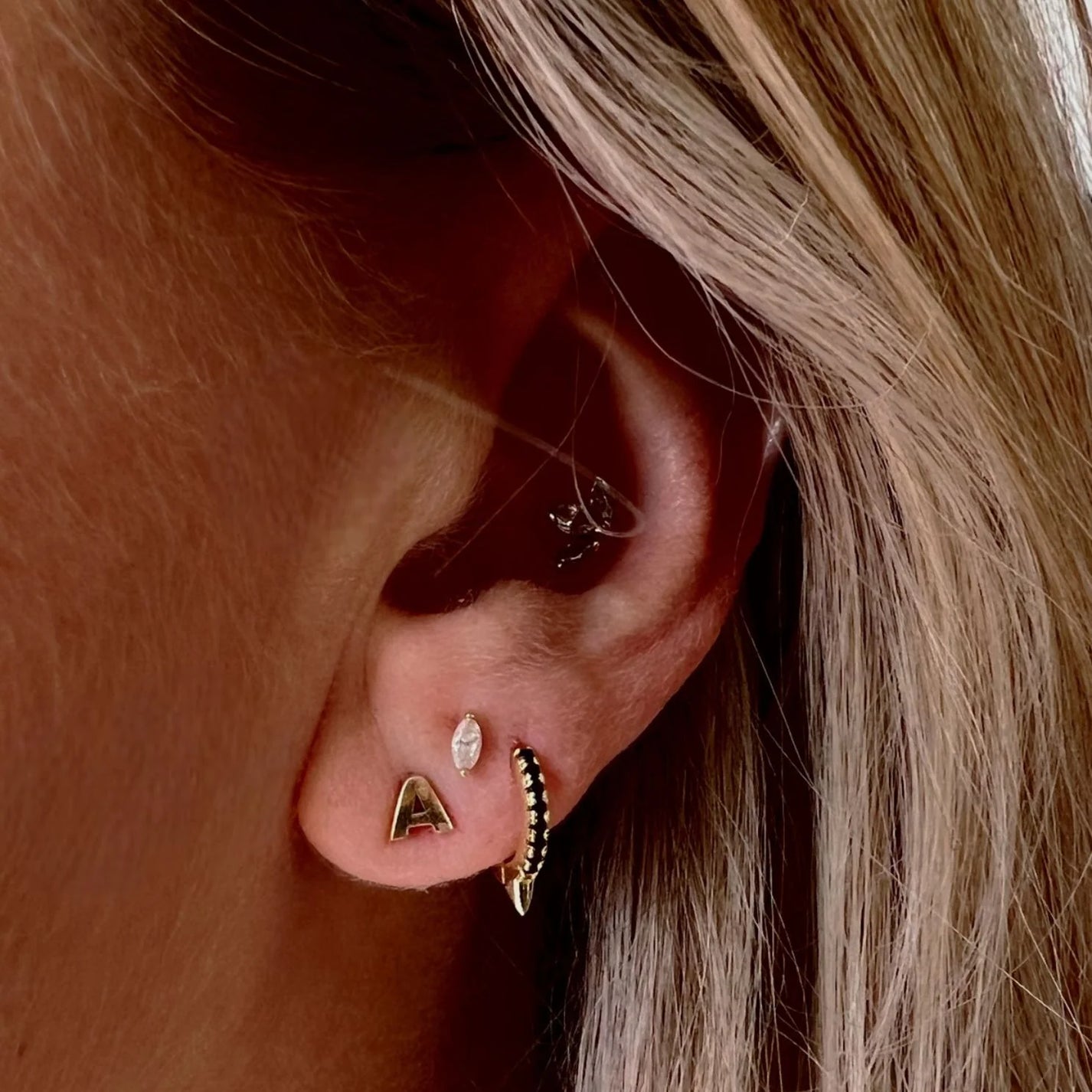 Noir Gold Plated and Black Stone Spike Huggie Hoop Earring