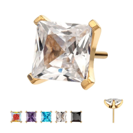 24Kt Gold PVD Titanium Threadless Flat Base Low Profile 4 Prong Princess Cut Gem Top