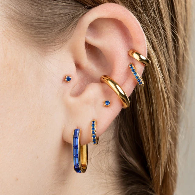 Baguette Hoop Earrings with Blue Stones