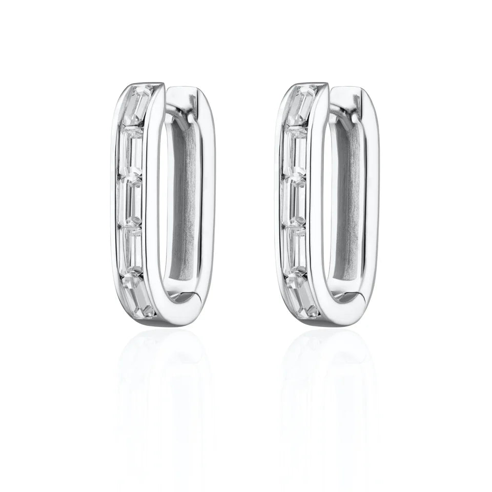 Silver Oval Baguette Hoops with clear Stones