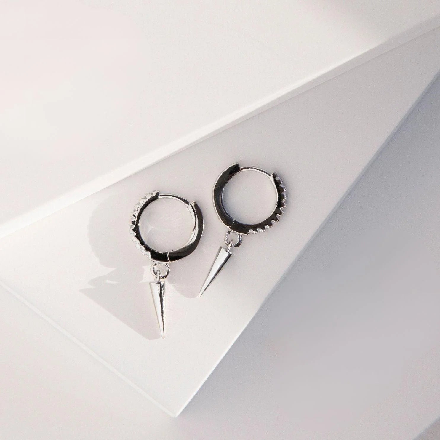 Vertex White Gold Plated Spike Huggie Hoop Earring