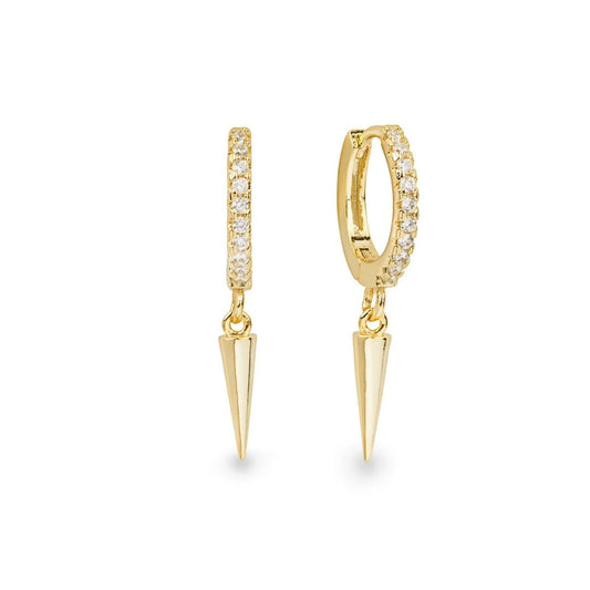 Vertex yellow gold and clear stone drop spike hoop earring (single)