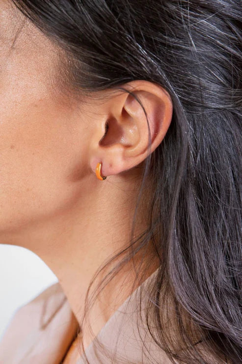 Coral Enamel Gold Huggie Hoops