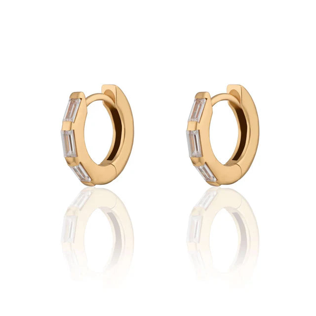Gold Baguette Huggie Earrings with Clear Stones