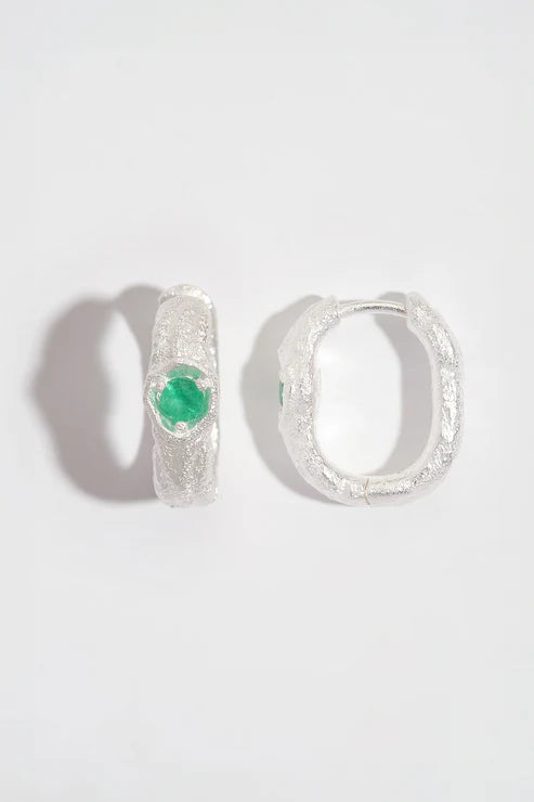 Emerald Silver Branch Hoop Earrings