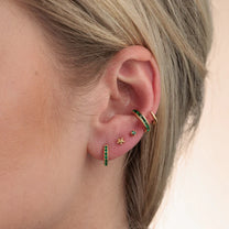 Gold Huggie Earrings with Green Stones