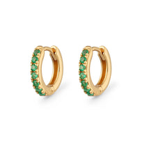 Gold Huggie Earrings with Green Stones