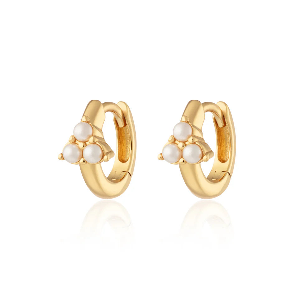Gold Pearl Trinity Huggie Earrings