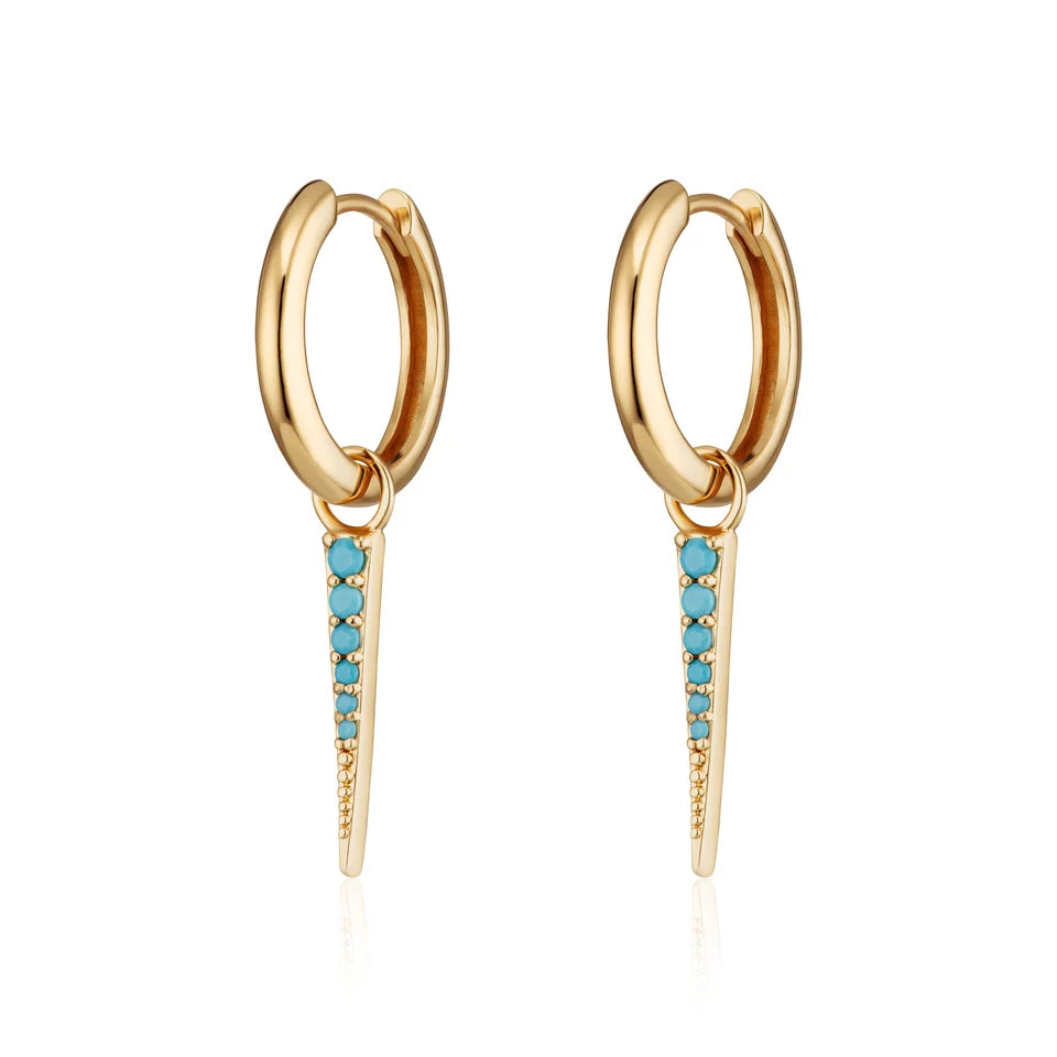Turquoise Spike Charm Hoop Earrings - Gold