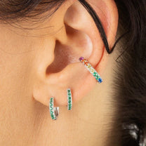 Silver Huggie Earrings with Green Stones