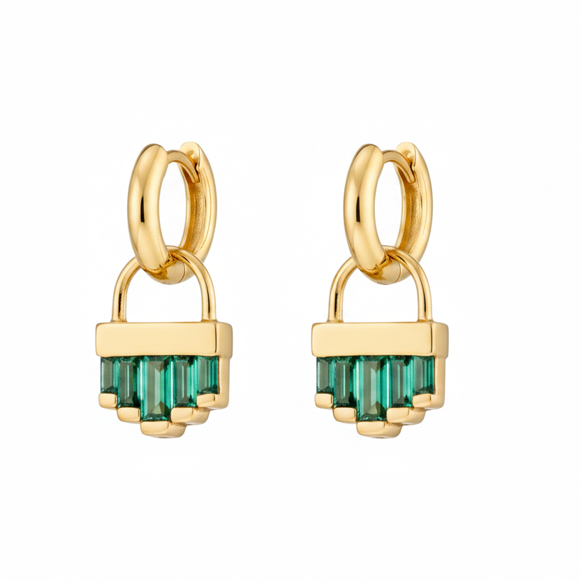 Emerald Green Art Deco Charm Hoop Earrings