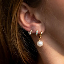 Gold Pearl Trinity Huggie Earrings