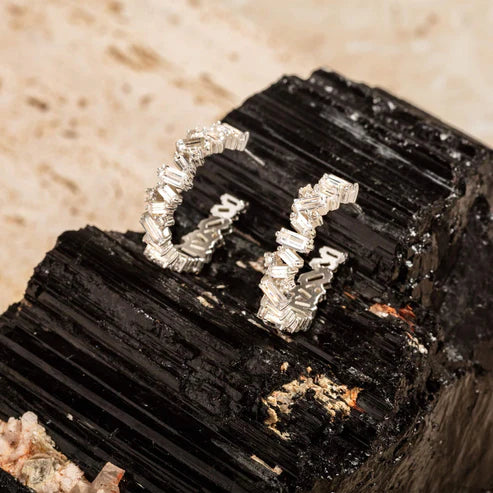 Sparkly Clear Silver Baguette Large Hoops