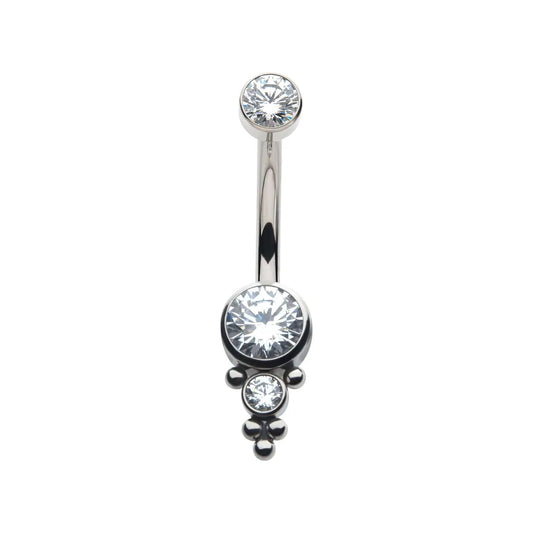 Titanium 3 Jewel and Tri bead Bezel Set Cluster Navel Bar