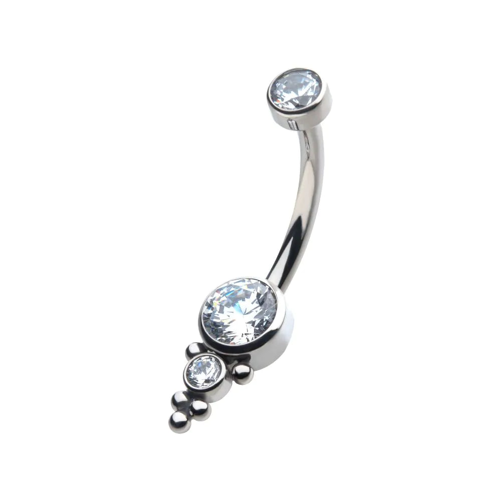 Titanium Internally Threaded Tri Bead Bezel Set Crystal Cluster Navel Curve