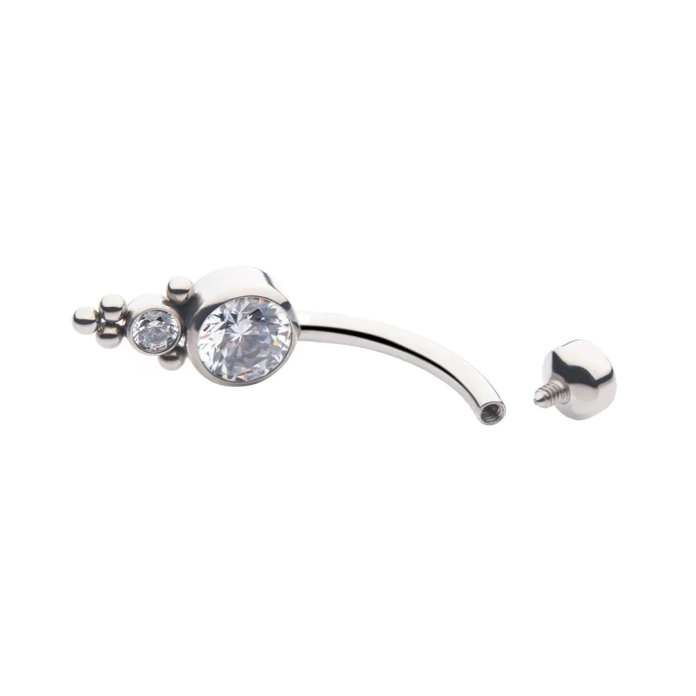 Titanium Internally Threaded Tri Bead Bezel Set Crystal Cluster Navel Curve