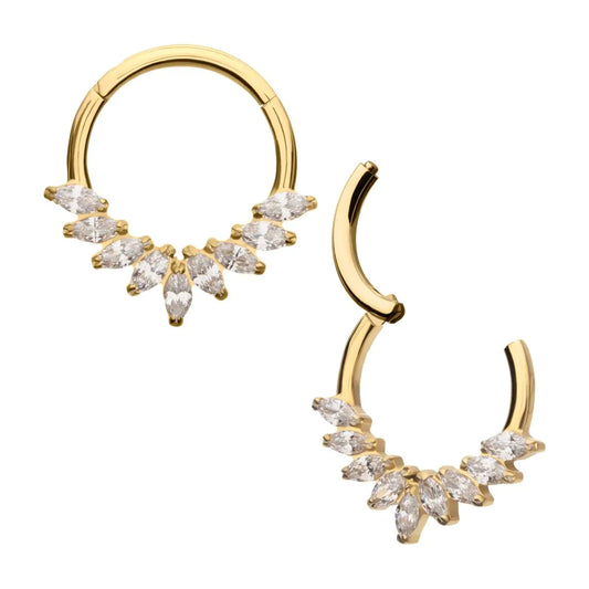24Kt Gold 9 Gem Marquise Cluster Front Facing Hinged Segment Clicker
