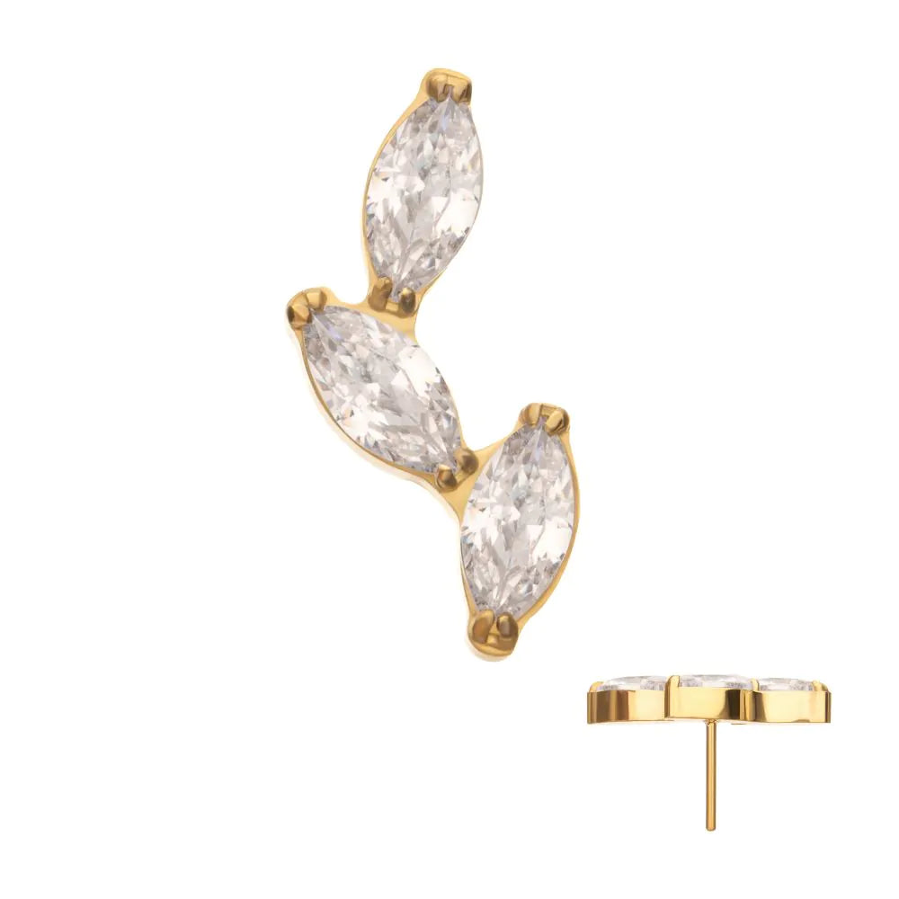 24Kt Gold PVD Titanium Threadless Vine Shape Top 3-Tier Full Clear Crystal Gem Marquise