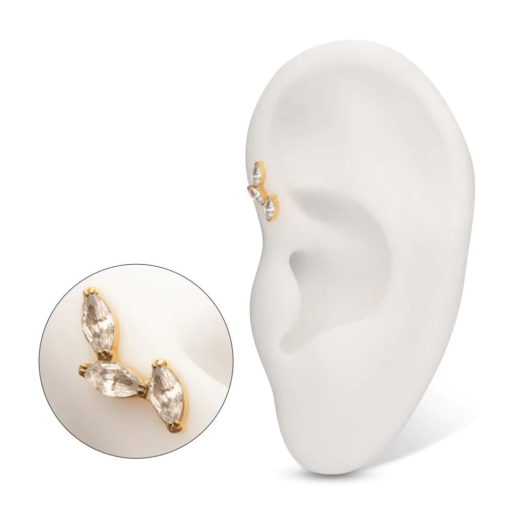 24Kt Gold PVD Titanium Threadless Vine Shape Top 3-Tier Full Clear Crystal Gem Marquise