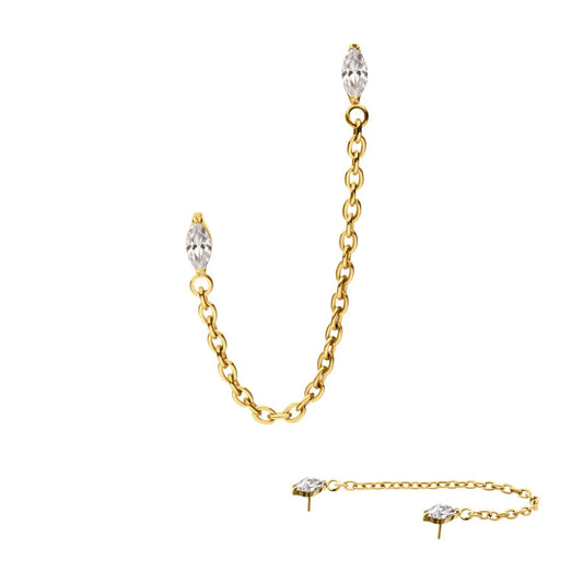 24Kt Gold Double Prong Set Marquis with single Chain Dangle