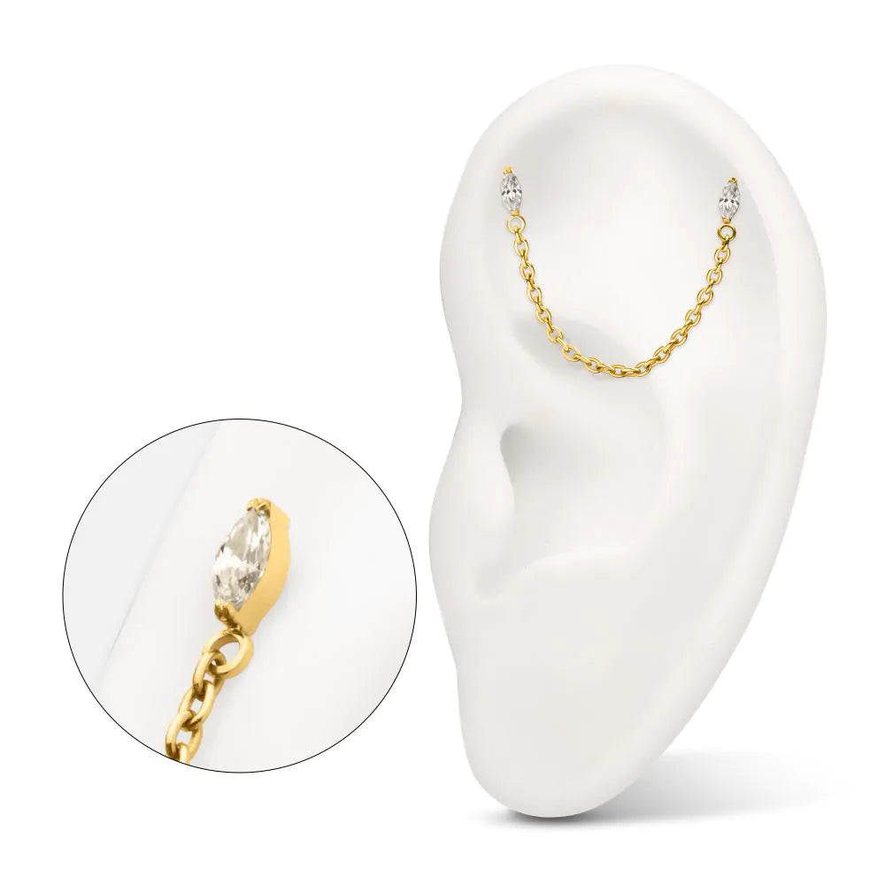 24Kt Gold Double Prong Set Marquis with single Chain Dangle