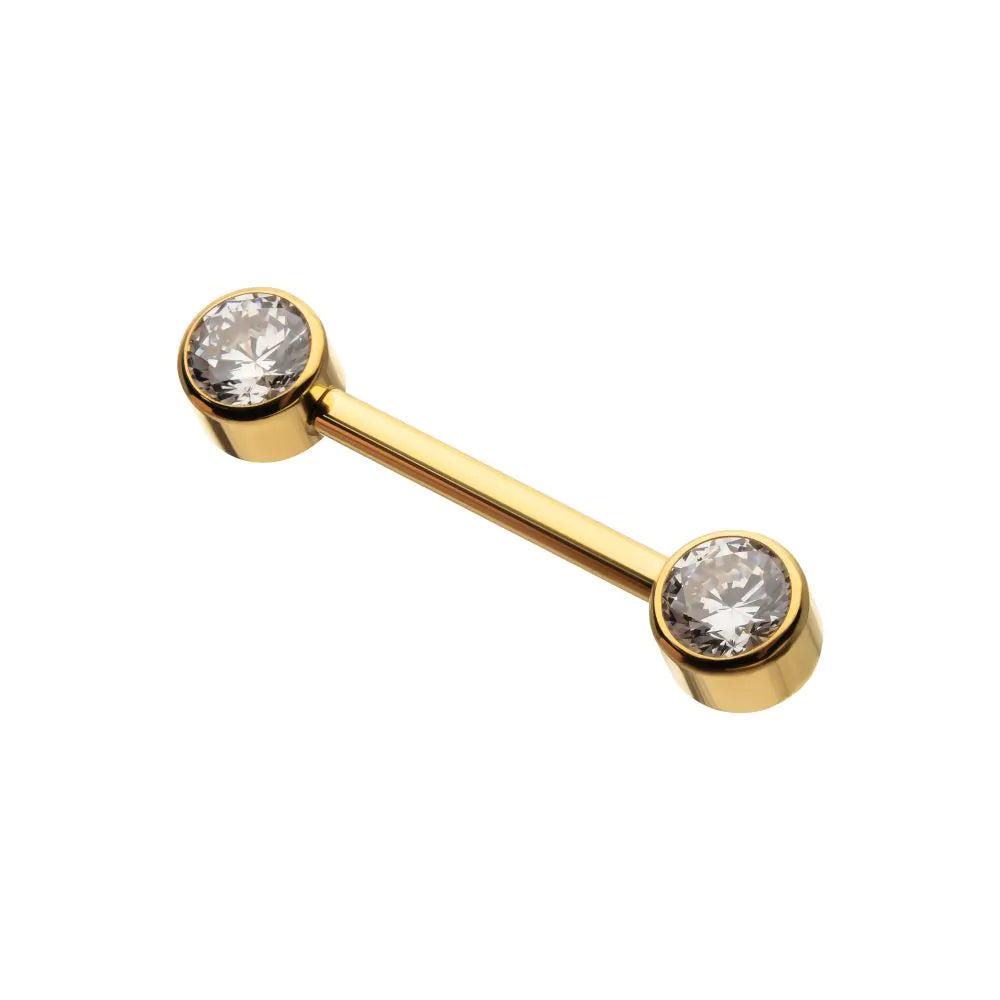 24Kt Gold PVD Titanium Threadless Bezel Set Gem End Nipple Barbell