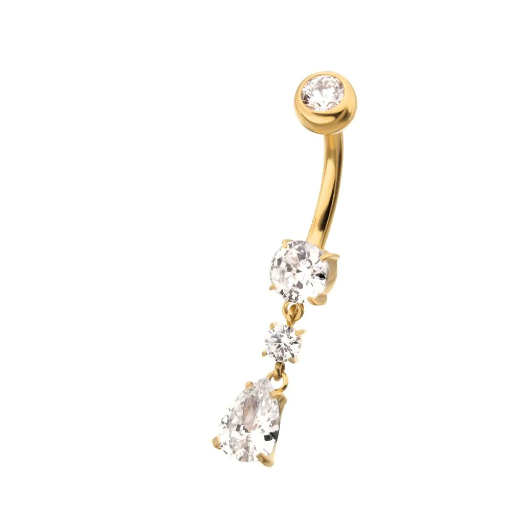 24Kt Gold PVD Titanium Internally Threaded Double Dangle Round and Teardrop Gem Navel
