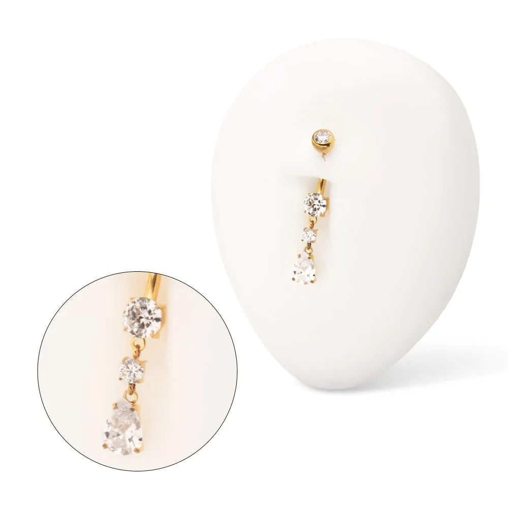 24Kt Gold PVD Titanium Internally Threaded Double Dangle Round and Teardrop Gem Navel