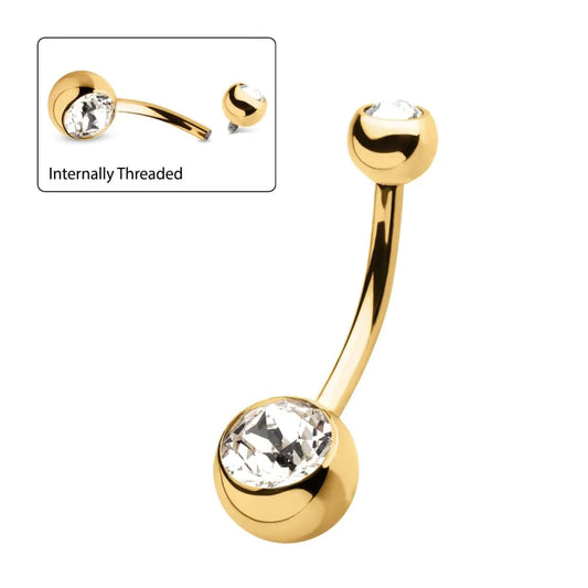 Gold Double Bezel Set Jewel Fixed Bottom Navel Bar