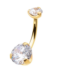 24KT Gold PVD Titanium Internally Threaded Double Clear Crystal Fixed Bottom Navel