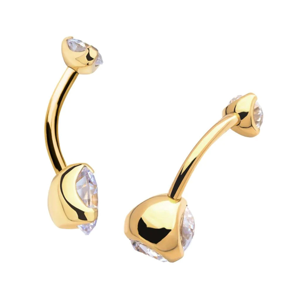 24KT Gold PVD Titanium Internally Threaded Double Clear Crystal Fixed Bottom Navel