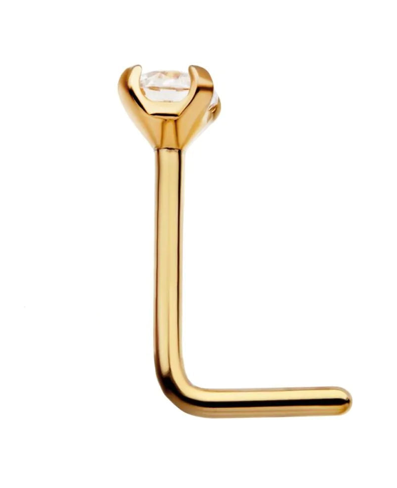 24KT Gold PVD Titanium Claw Set Swarovski Crystal L-Shape Nose Pin