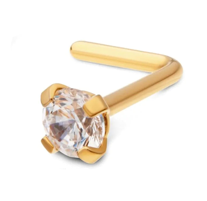 24KT Gold PVD Titanium Crystal L-Shape Nose Pin