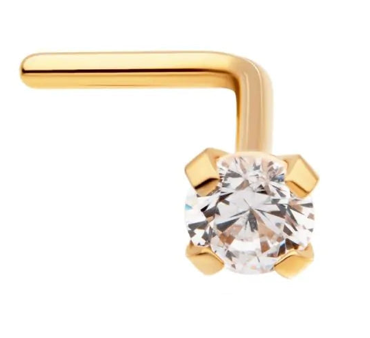 24KT Gold PVD Titanium Claw Set Swarovski Crystal L-Shape Nose Pin