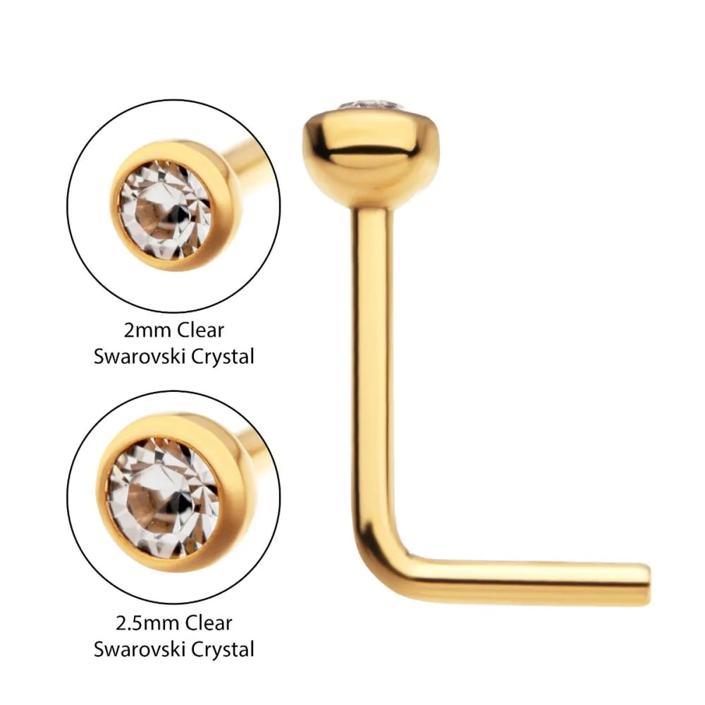 24K Gold plated L shape nose stud bezel crystal