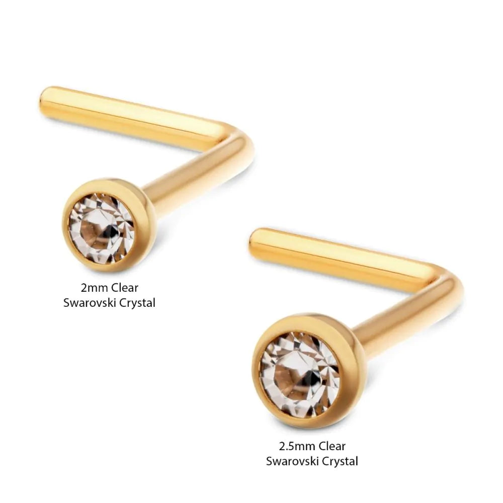 24K Gold plated L shape nose stud bezel crystal