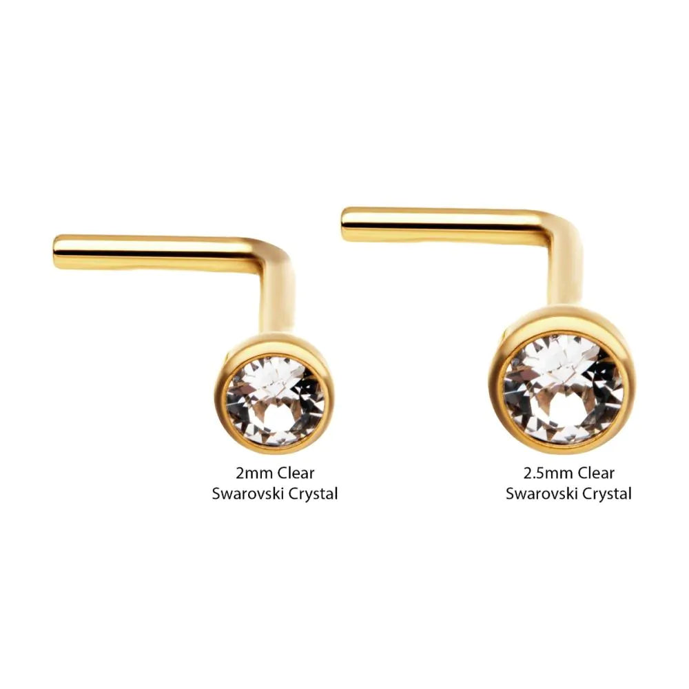 24K Gold plated L shape nose stud bezel crystal