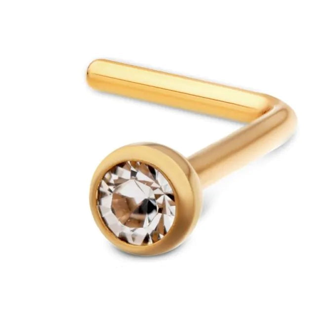 24KT Gold PVD Titanium Bezel Set Swarovski Crystal L-Shape Nose Pin