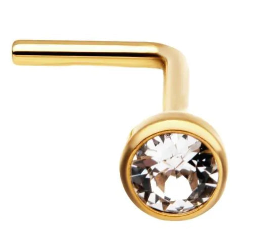 24KT Gold PVD Titanium Bezel Set Swarovski Crystal L-Shape Nose Pin