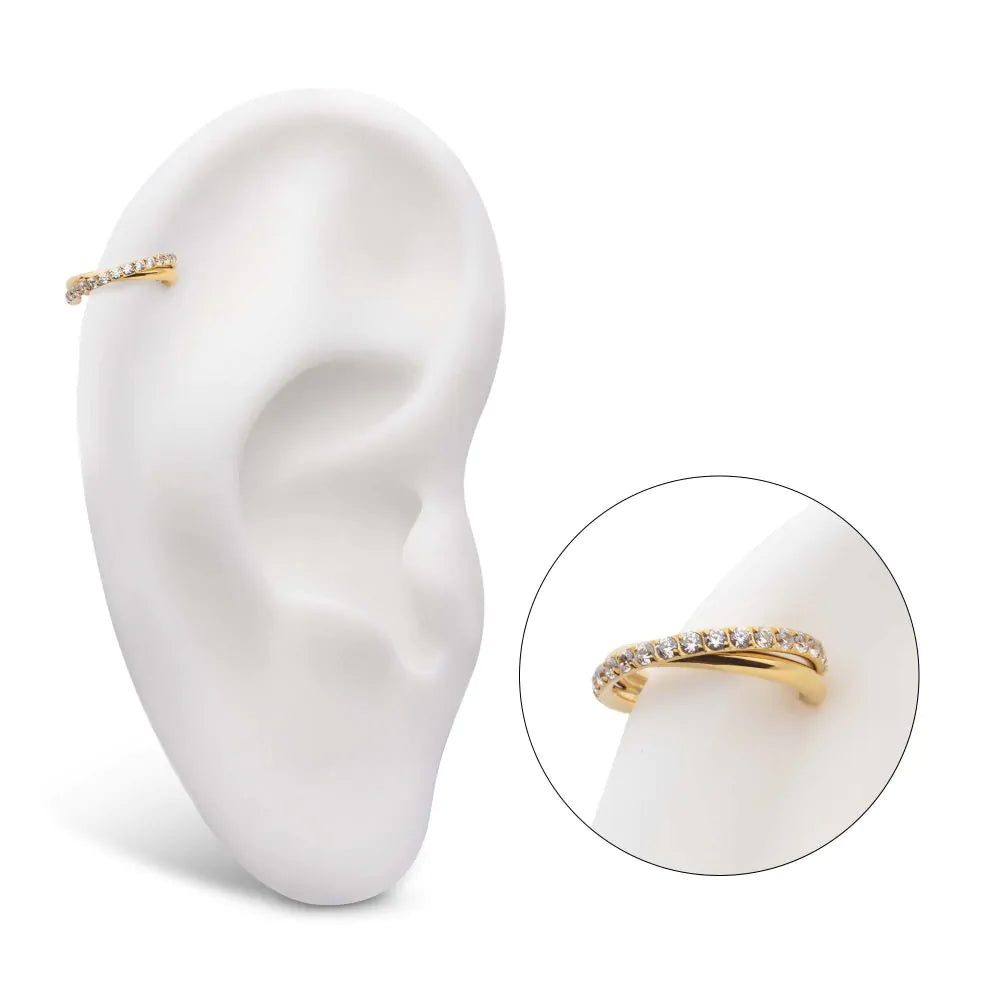 24Kt Gold PVD Titanium Double Hoop Side Facing Hinged Segment Clicker CNC Set Round Crystal