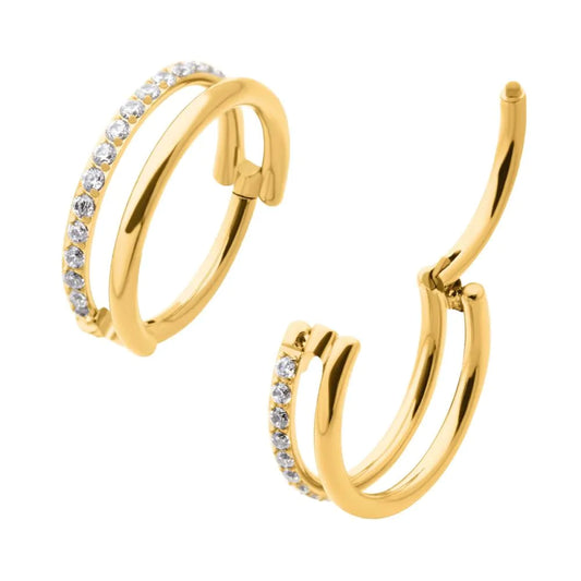 24Kt Gold PVD Titanium Side Facing Hinged Segment Clicker with Single Hoop Full Clear CNC Set Round CZ