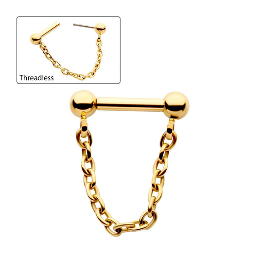 24Kt Gold Single Dangle Chain on a One Side Threadless, One Side Fixed Bar with Ball ends