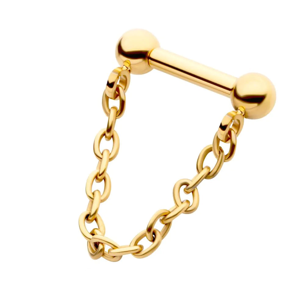 24Kt Gold PVD Titanium Dangle Chain on a One Side Threadless, One Side Fixed Bar with Ball ends