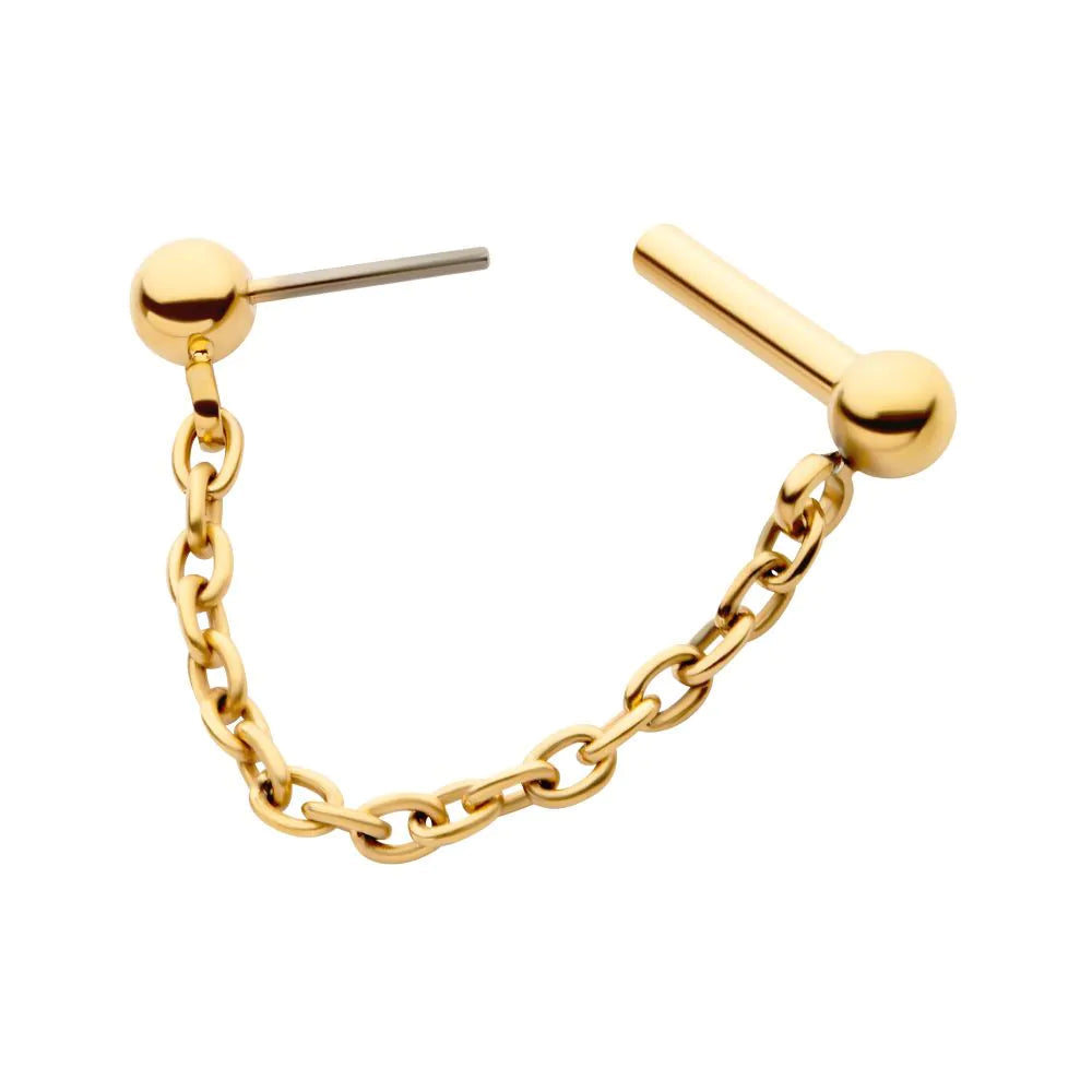 24Kt Gold PVD Titanium Dangle Chain on a One Side Threadless, One Side Fixed Bar with Ball ends