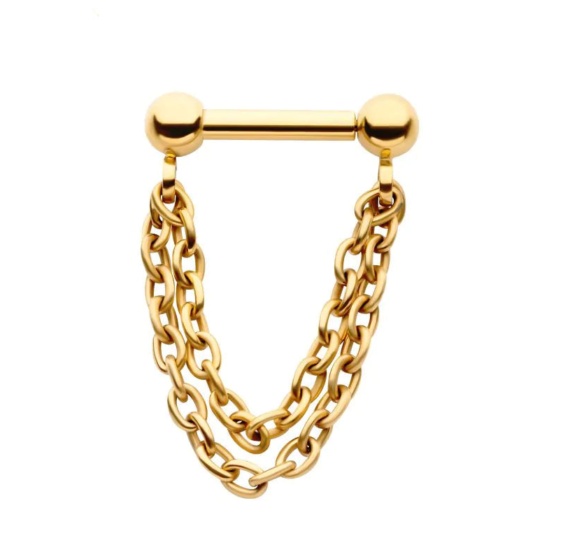24Kt Gold PVD Titanium 2 Tier Chains on a One Side Threadless, One Side Fixed Bar Ball ends