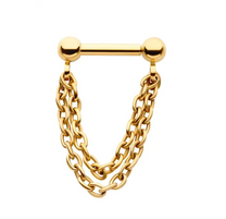 24Kt Gold PVD Titanium 2 Tier Chains on a One Side Threadless, One Side Fixed Bar Ball ends