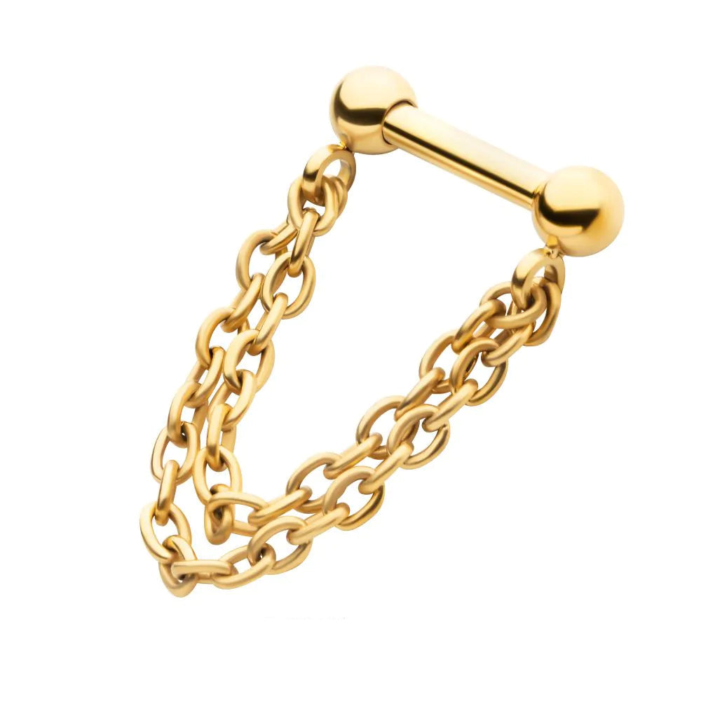 24Kt Gold PVD Titanium 2 Tier Chains on a One Side Threadless, One Side Fixed Bar Ball ends