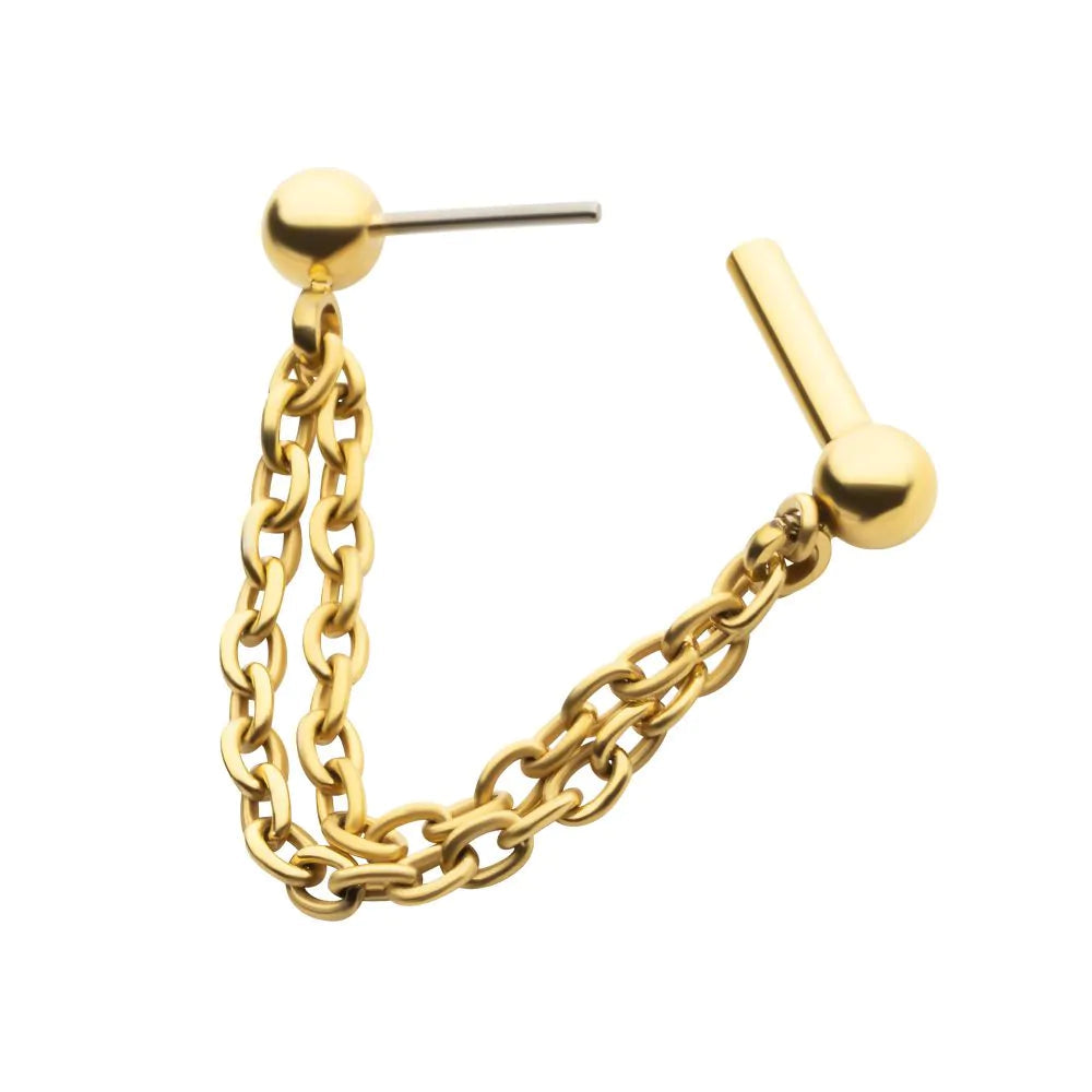 24Kt Gold PVD Titanium 2 Tier Chains on a One Side Threadless, One Side Fixed Bar Ball ends